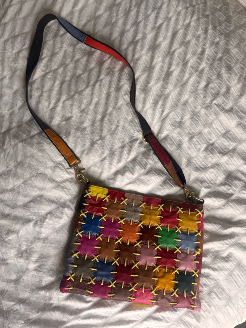 Unique  "AMERI LEATHER" HANDBAG - PATCHWORK MULTI-COLOR SQUARES  Festival Boho